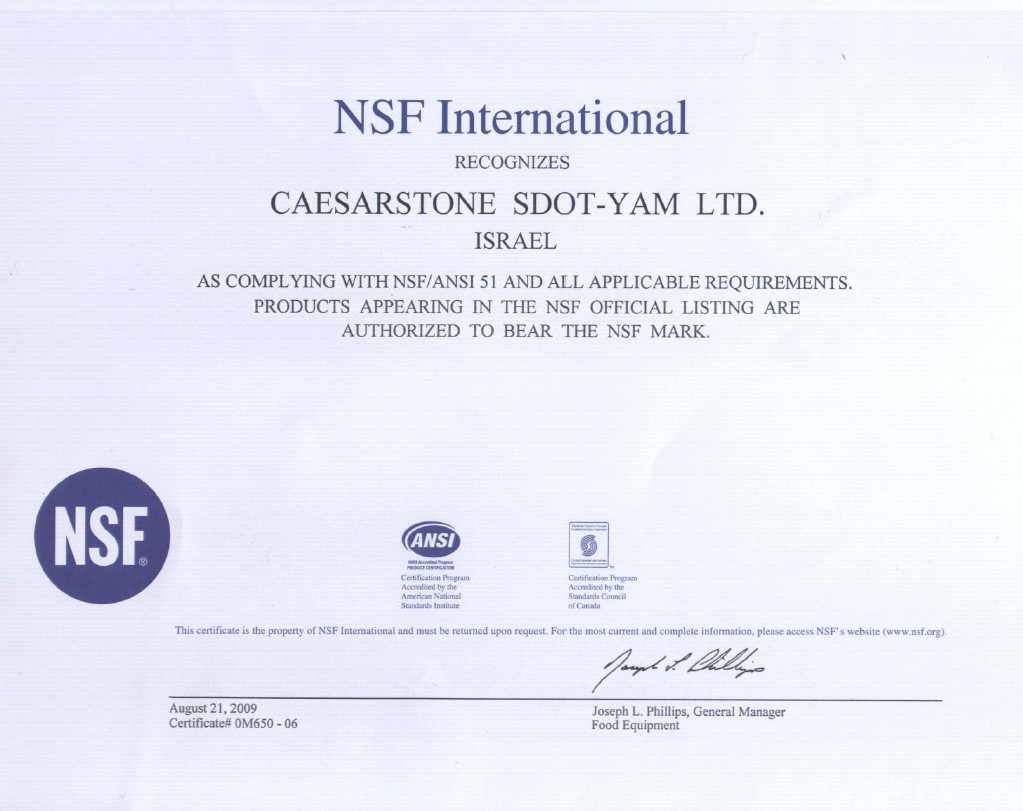 Caesarstone. Certificat al organizației internaționale NSF International